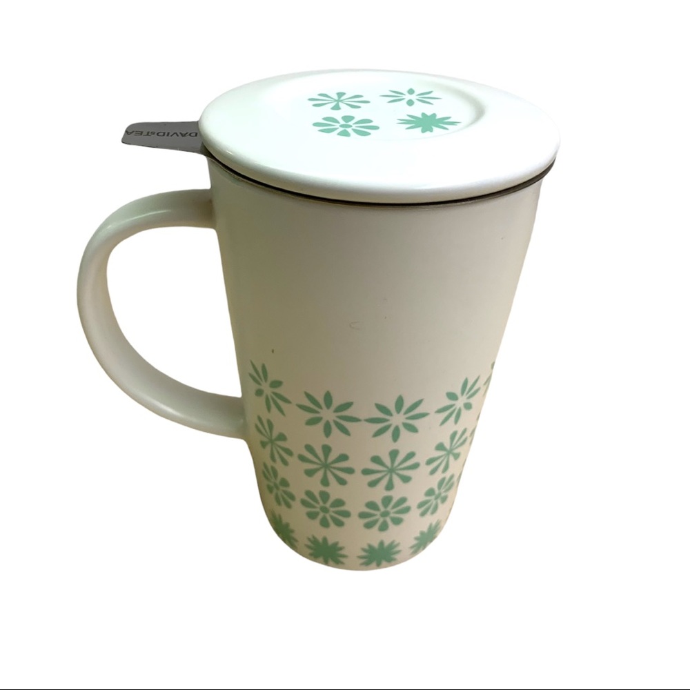 David’s Tea Ceramic Green & White Flower Floral Motif Tea Infuser Tumbler Mug